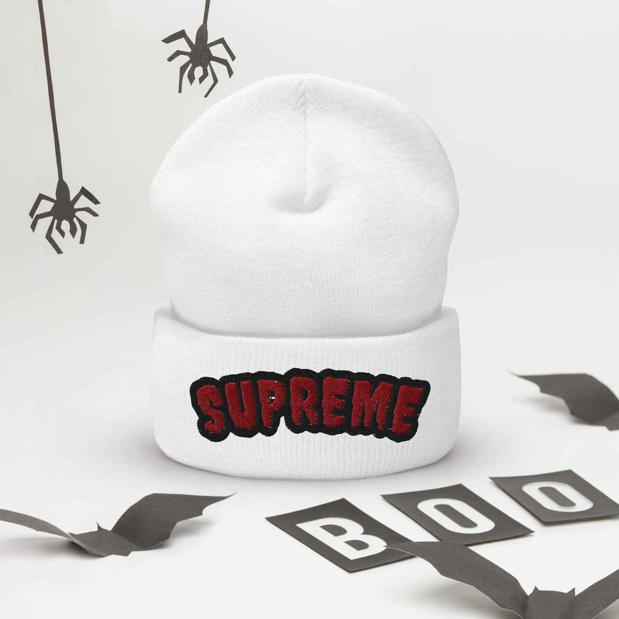 Arched Embroidered Logo Cuffed Beanie – Premium Knit White Streetwear Winter Hat