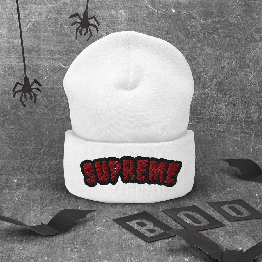 Arched Embroidered Logo Cuffed Beanie – Premium Knit White Streetwear Winter Hat