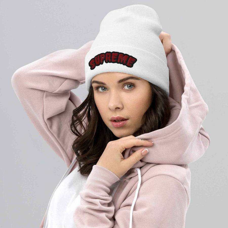 Arched Embroidered Logo Cuffed Beanie – Premium Knit White Streetwear Winter Hat