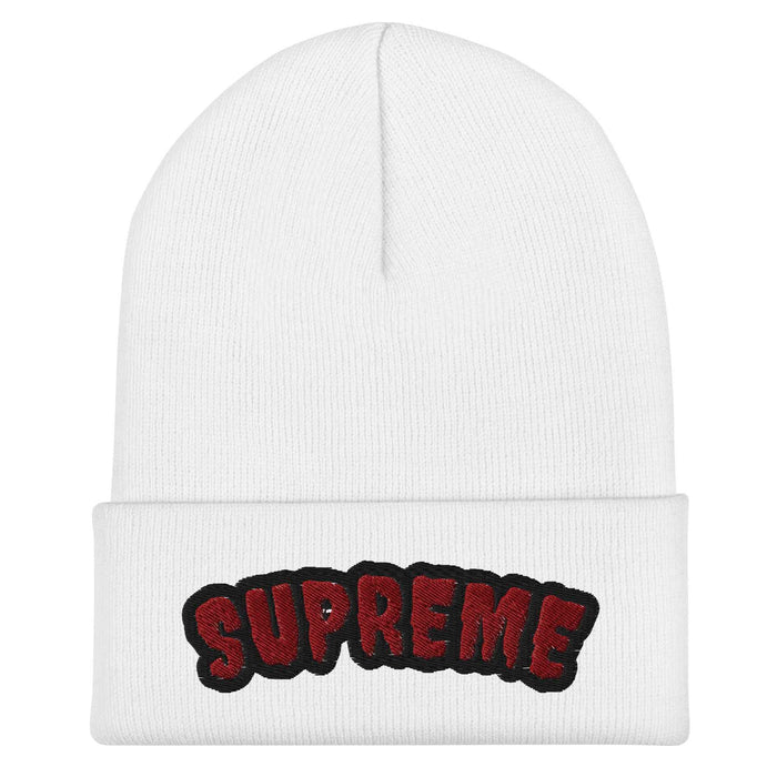 Arched Embroidered Logo Cuffed Beanie – Premium Knit White Streetwear Winter Hat