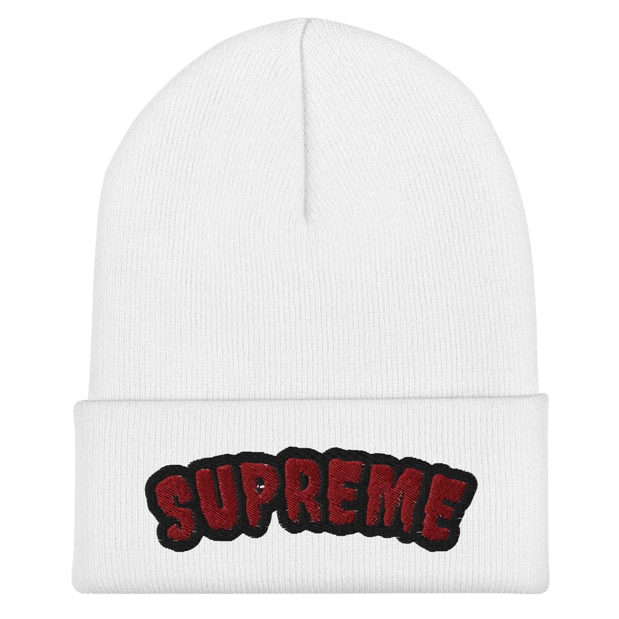 Arched Embroidered Logo Cuffed Beanie – Premium Knit White Streetwear Winter Hat